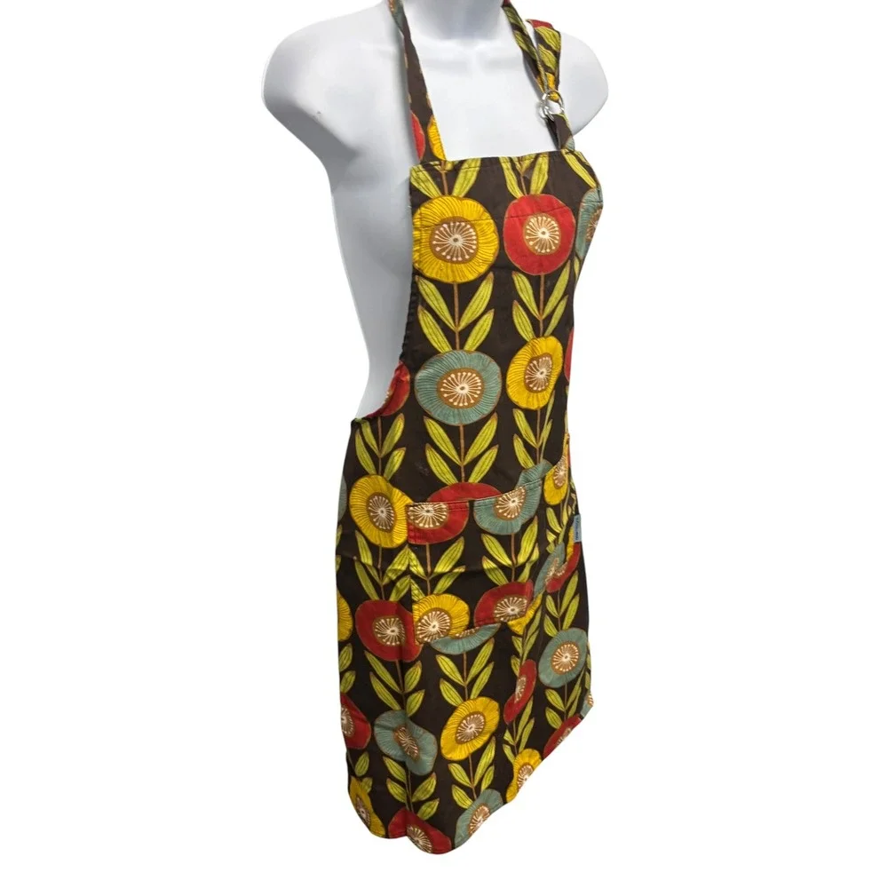 Now Designs Retro Floral Cotton Chef Apron Brown Red Yellow Blue MCM Pocket